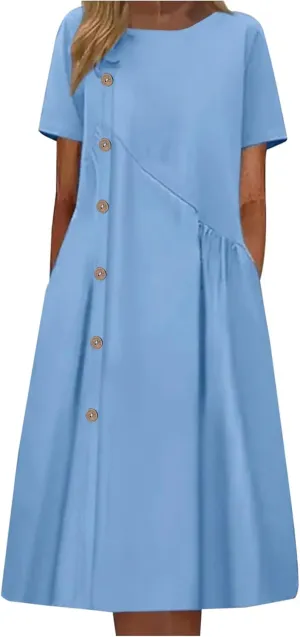 Women's Plus Size Summer Midi Dresses Short Sleeve Casual Loose Plain A Line Pleated Flowy Long Dress with Pockets