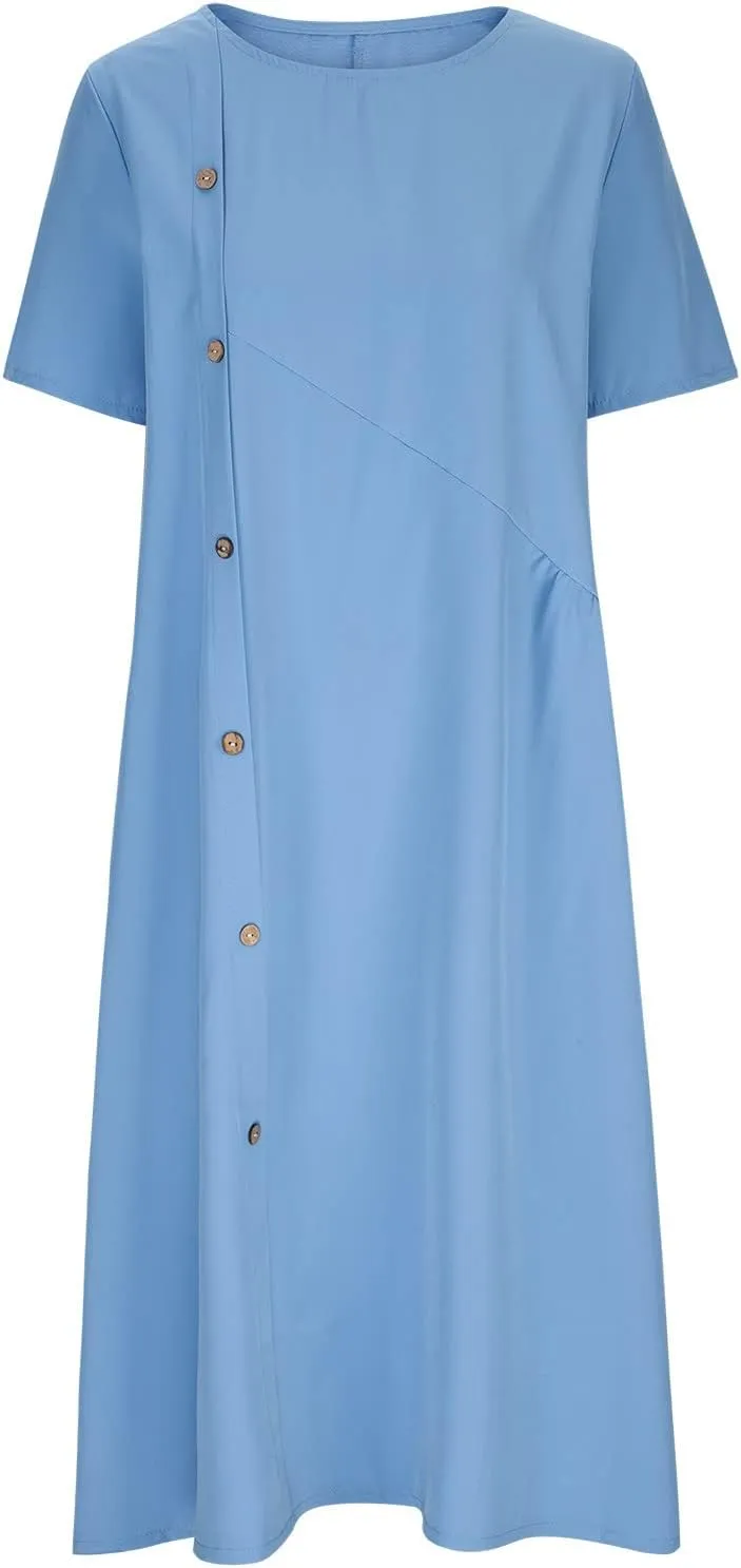 Women's Plus Size Summer Midi Dresses Short Sleeve Casual Loose Plain A Line Pleated Flowy Long Dress with Pockets