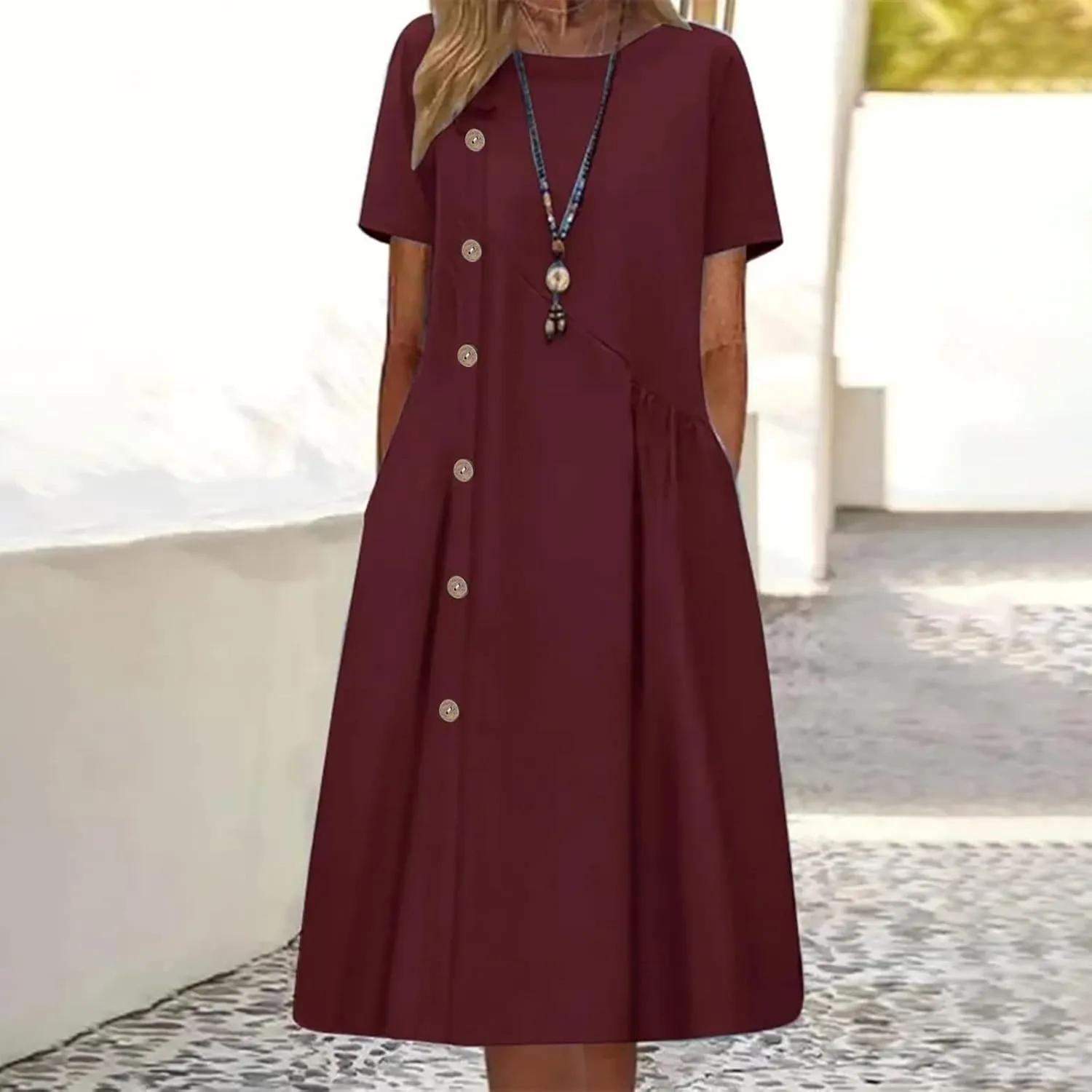 Women's Plus Size Summer Midi Dresses Short Sleeve Casual Loose Plain A Line Pleated Flowy Long Dress with Pockets