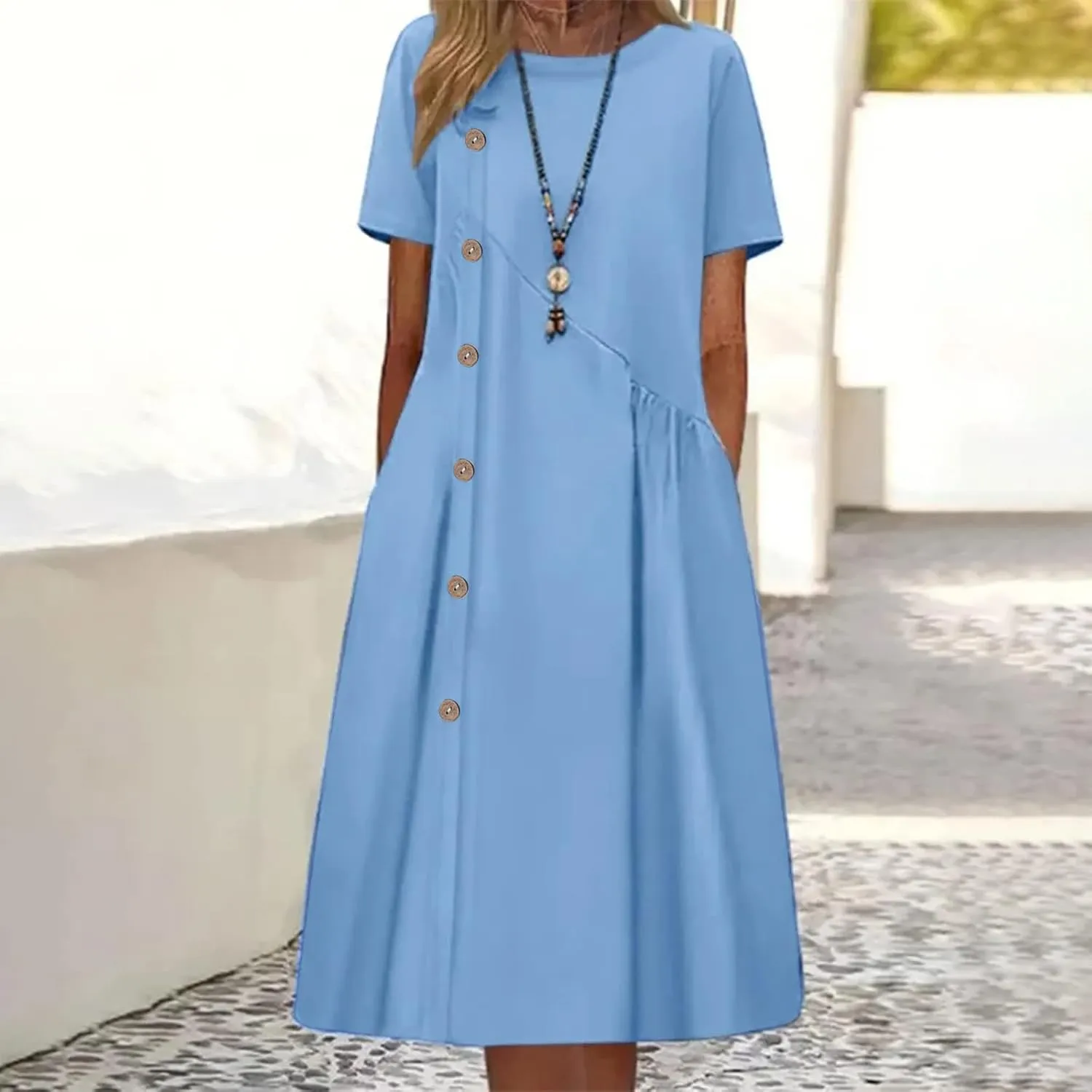 Women's Plus Size Summer Midi Dresses Short Sleeve Casual Loose Plain A Line Pleated Flowy Long Dress with Pockets