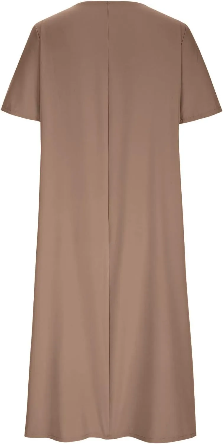 Women's Plus Size Summer Midi Dresses Short Sleeve Casual Loose Plain A Line Pleated Flowy Long Dress with Pockets