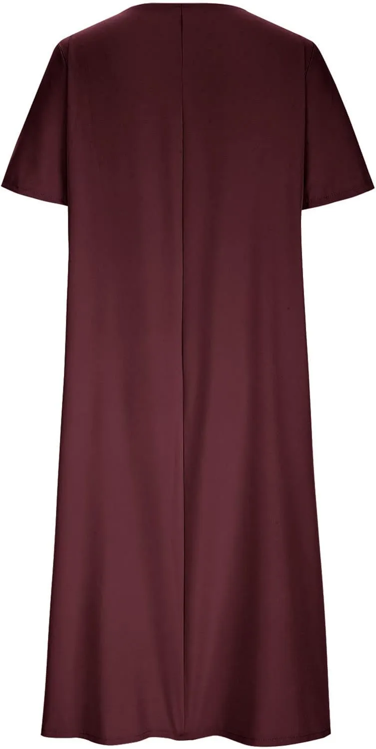 Women's Plus Size Summer Midi Dresses Short Sleeve Casual Loose Plain A Line Pleated Flowy Long Dress with Pockets