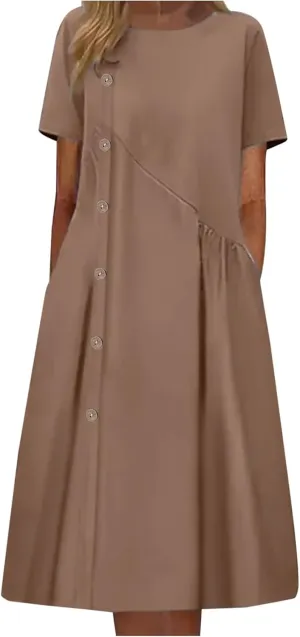 Women's Plus Size Summer Midi Dresses Short Sleeve Casual Loose Plain A Line Pleated Flowy Long Dress with Pockets