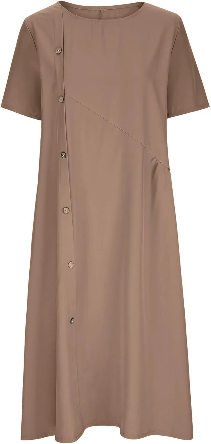 Women's Plus Size Summer Midi Dresses Short Sleeve Casual Loose Plain A Line Pleated Flowy Long Dress with Pockets