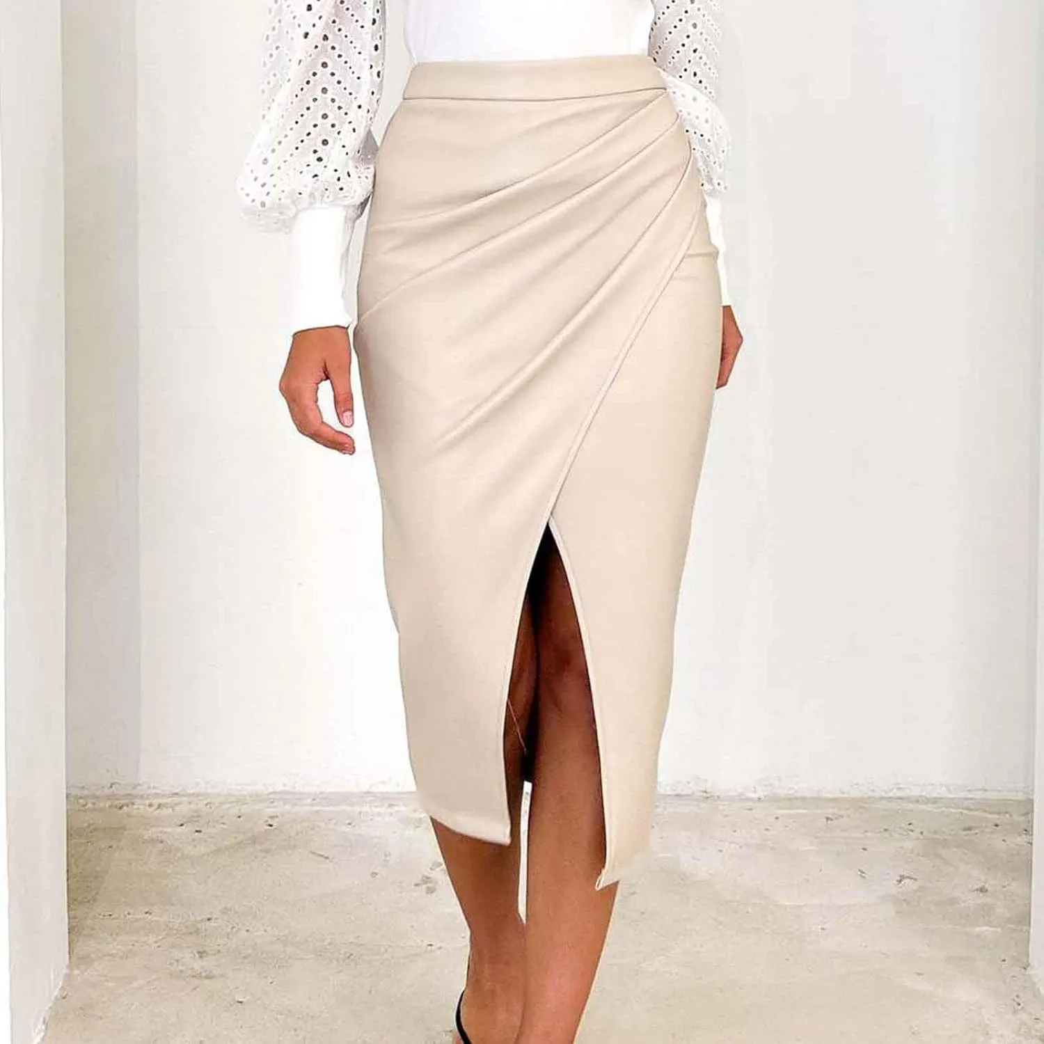 Women's PU Midi Skirt High Waisted Front Slit Faux Leather Ruched Bodycon Pencil Skirts Fall Work Office Long Skirt