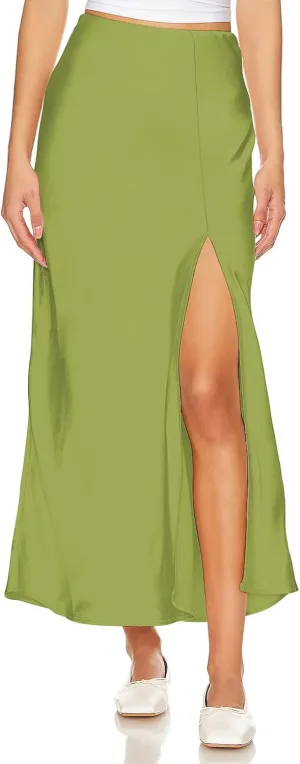 Women's Satin High Waisted Side Split Maxi Skirt Elastic Waistband Zipper Long Skirts