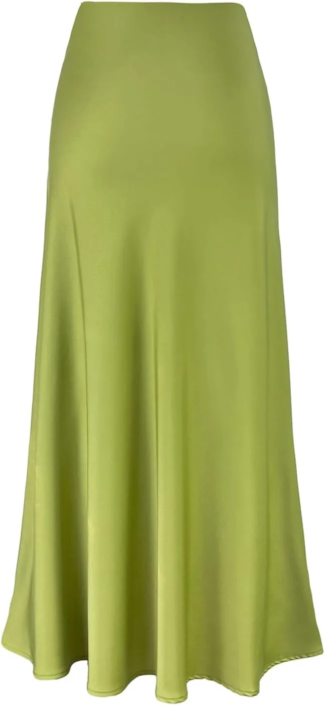 Women's Satin High Waisted Side Split Maxi Skirt Elastic Waistband Zipper Long Skirts