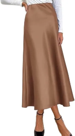 Women's Satin Skirts High Waist Hidden Elasticized Waistband Flared Skorts Casual A Line Midi Skirt S-XL