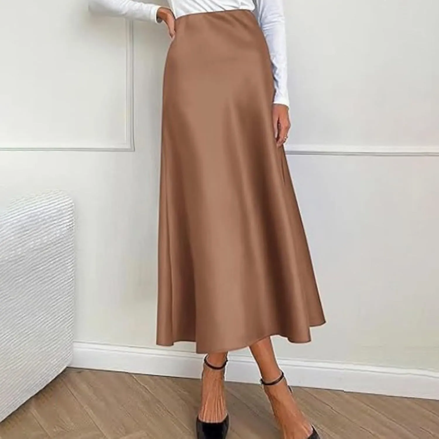 Women's Satin Skirts High Waist Hidden Elasticized Waistband Flared Skorts Casual A Line Midi Skirt S-XL
