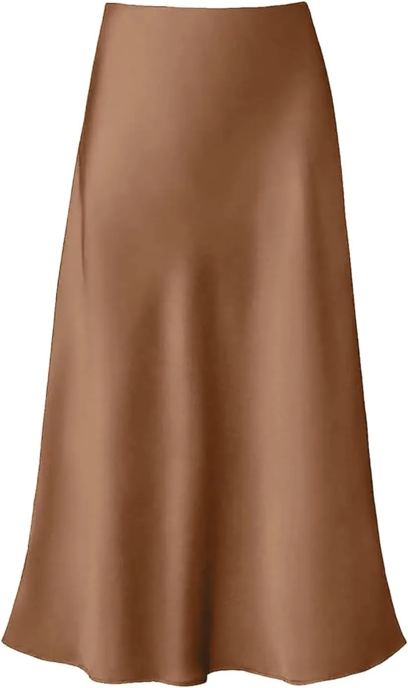 Women's Satin Skirts High Waist Hidden Elasticized Waistband Flared Skorts Casual A Line Midi Skirt S-XL