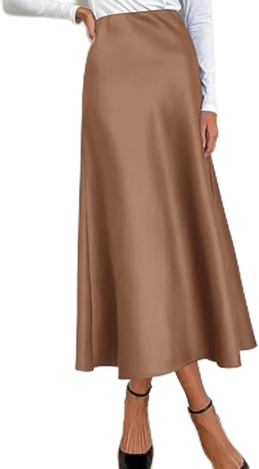 Women's Satin Skirts High Waist Hidden Elasticized Waistband Flared Skorts Casual A Line Midi Skirt S-XL