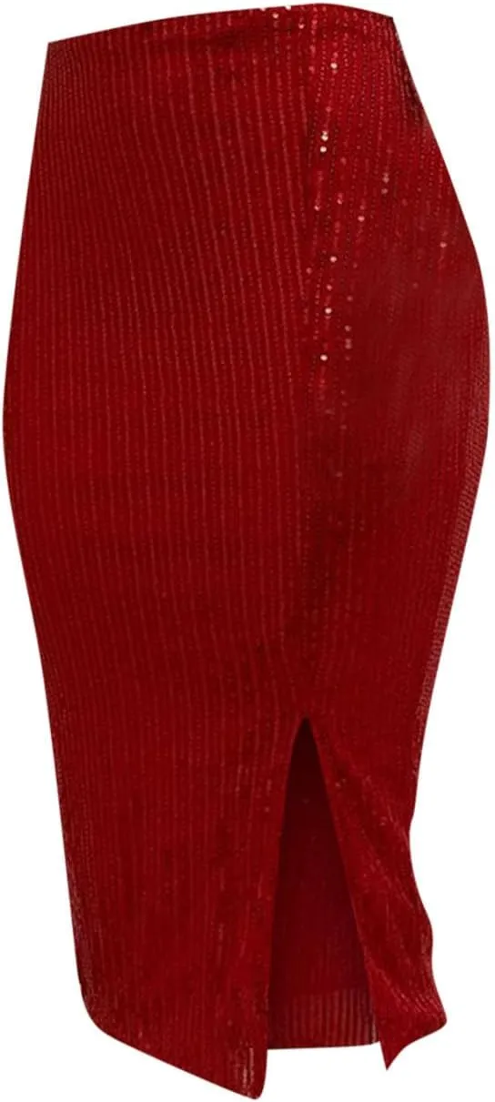 Women's Sequin Skirt Midi High Waist Elegant Stretchy Sparkle Side Slit Pencil Skirt Party Cocktail Wedding Guest