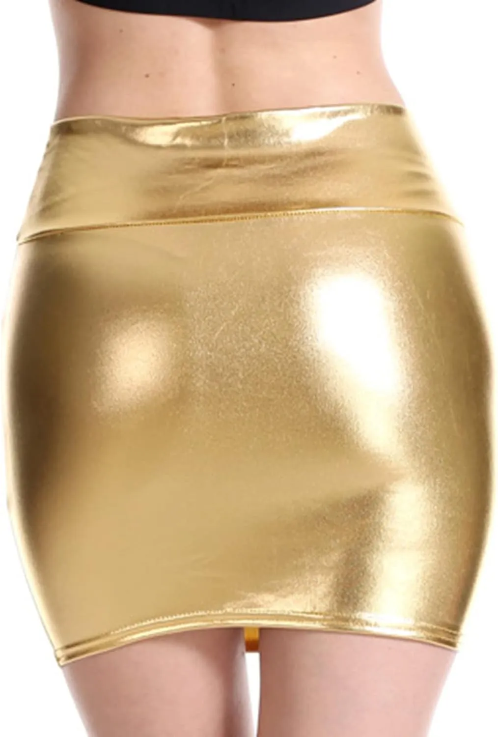 Women's Shiny Liquid Metallic Bodycon Pencil Mini Skirt High Waist Zipper PU Leather Skirt Slim Mini Pencil Skirt