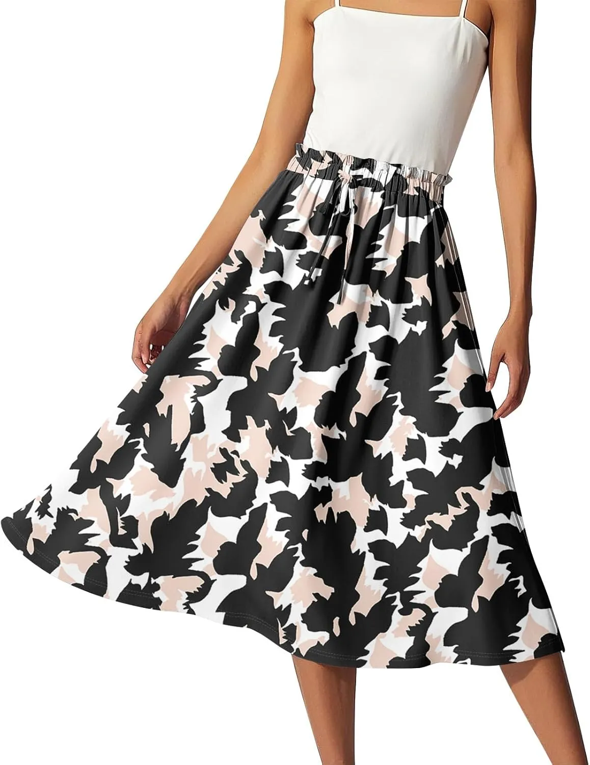 Womens Skirts Midi Length Flowy Summer Drawstring Elastic High Waist Knee Skirt A Line Floral Pleated Skirts
