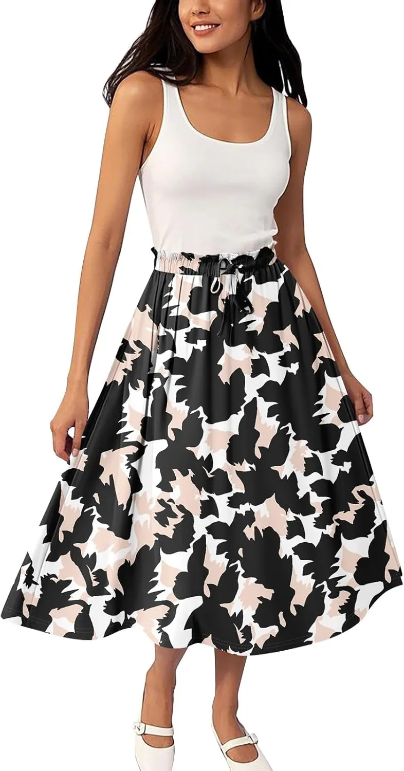 Womens Skirts Midi Length Flowy Summer Drawstring Elastic High Waist Knee Skirt A Line Floral Pleated Skirts