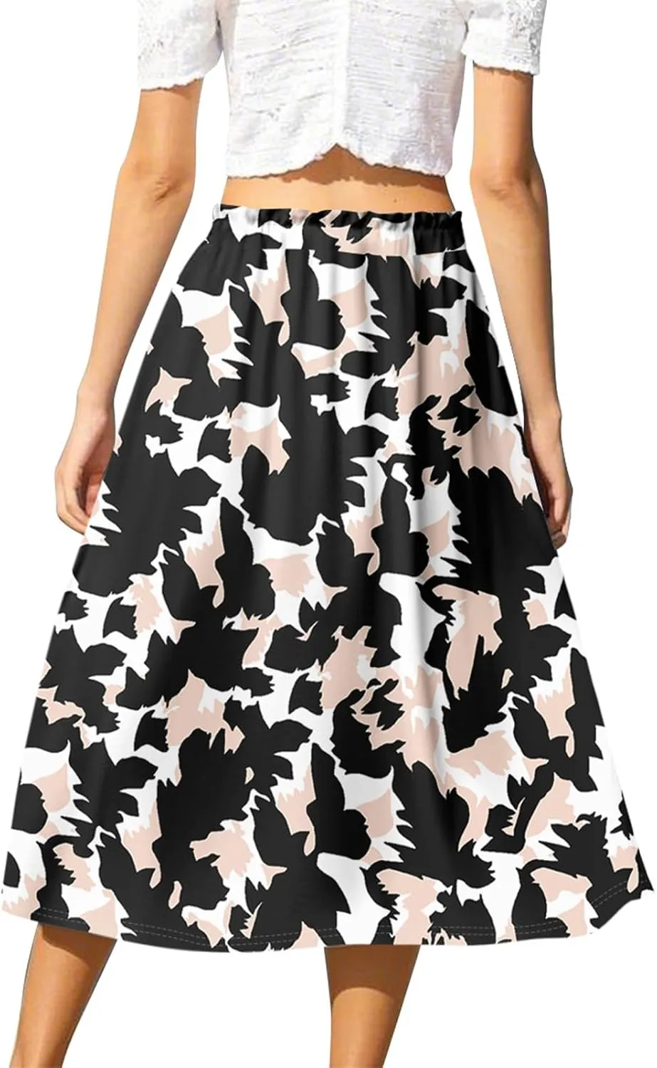 Womens Skirts Midi Length Flowy Summer Drawstring Elastic High Waist Knee Skirt A Line Floral Pleated Skirts