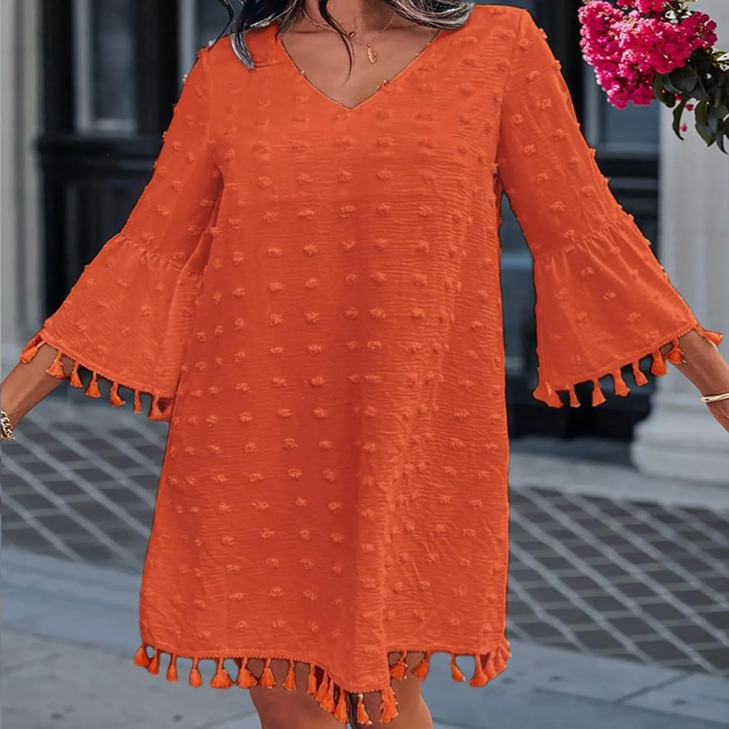 Women's Summer Boho Beach Dresses Fashion V Neck Half Sleeve Jacquard Tassels Loose Fit Short Dress