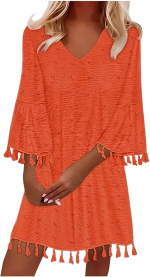 Women's Summer Boho Beach Dresses Fashion V Neck Half Sleeve Jacquard Tassels Loose Fit Short Dress