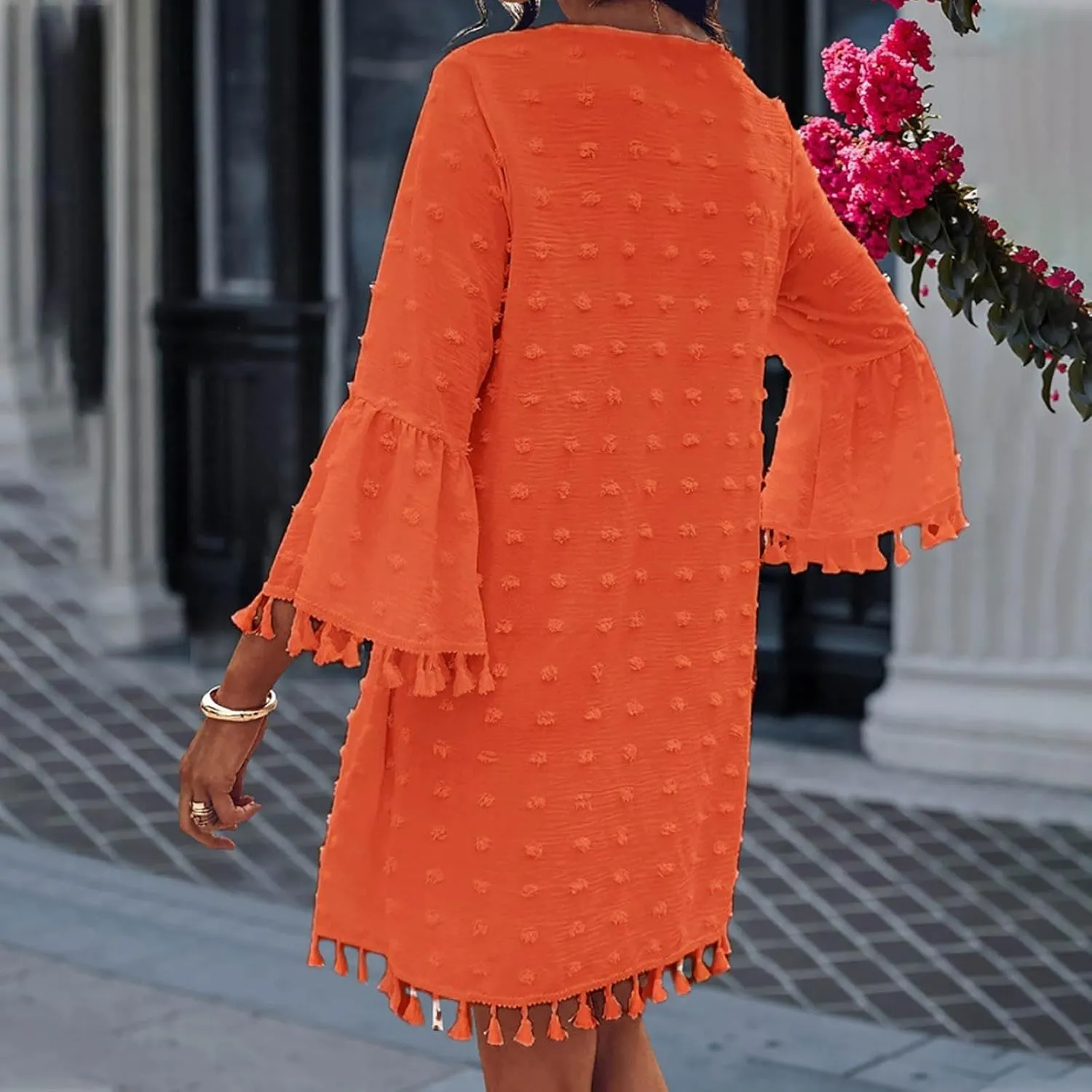 Women's Summer Boho Beach Dresses Fashion V Neck Half Sleeve Jacquard Tassels Loose Fit Short Dress