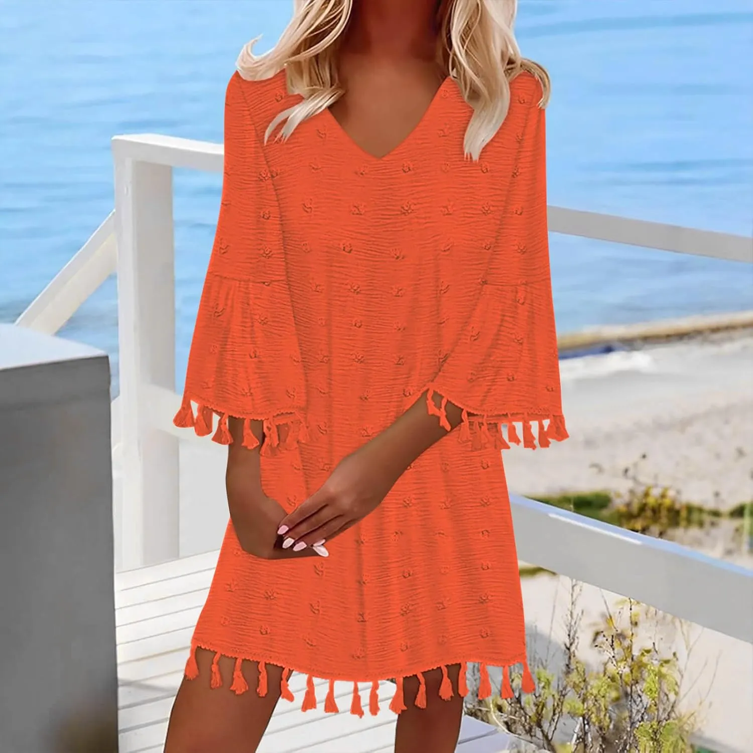 Women's Summer Boho Beach Dresses Fashion V Neck Half Sleeve Jacquard Tassels Loose Fit Short Dress