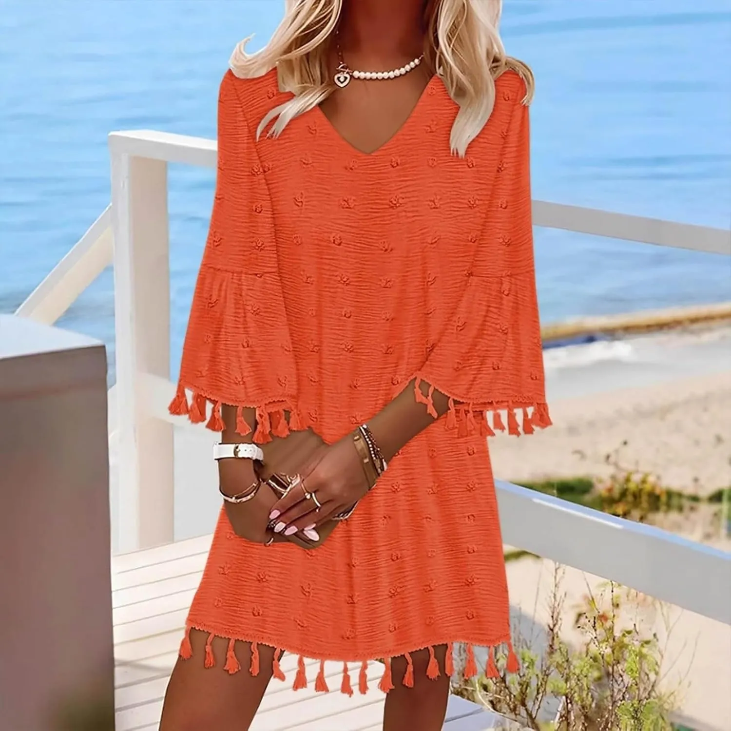 Women's Summer Boho Beach Dresses Fashion V Neck Half Sleeve Jacquard Tassels Loose Fit Short Dress