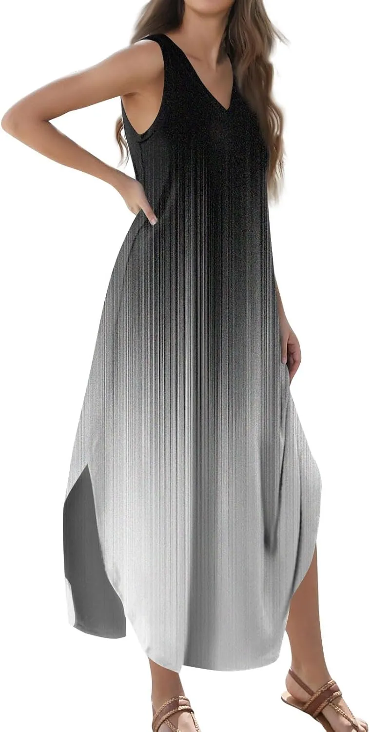 Women's Summer Casual Loose Dresses 2024 Floral Print Sleeveless Beach Sundress V Neck Split Tshirt Maxi Dresses