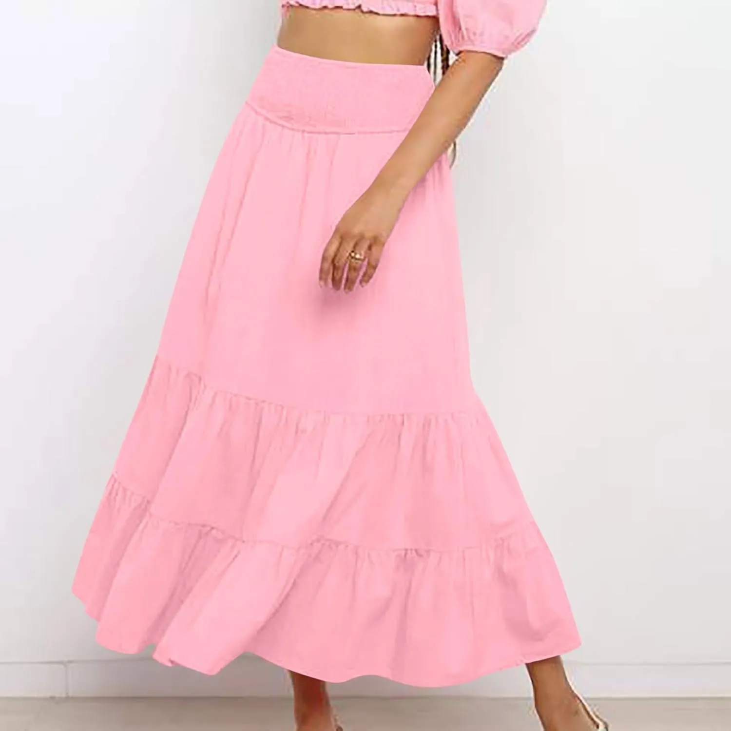 Women's Summer Comfy Tiered Skirts Elastic High Waisted A-Line Skirts Casual Beach Vacation Flowy Long Skirts