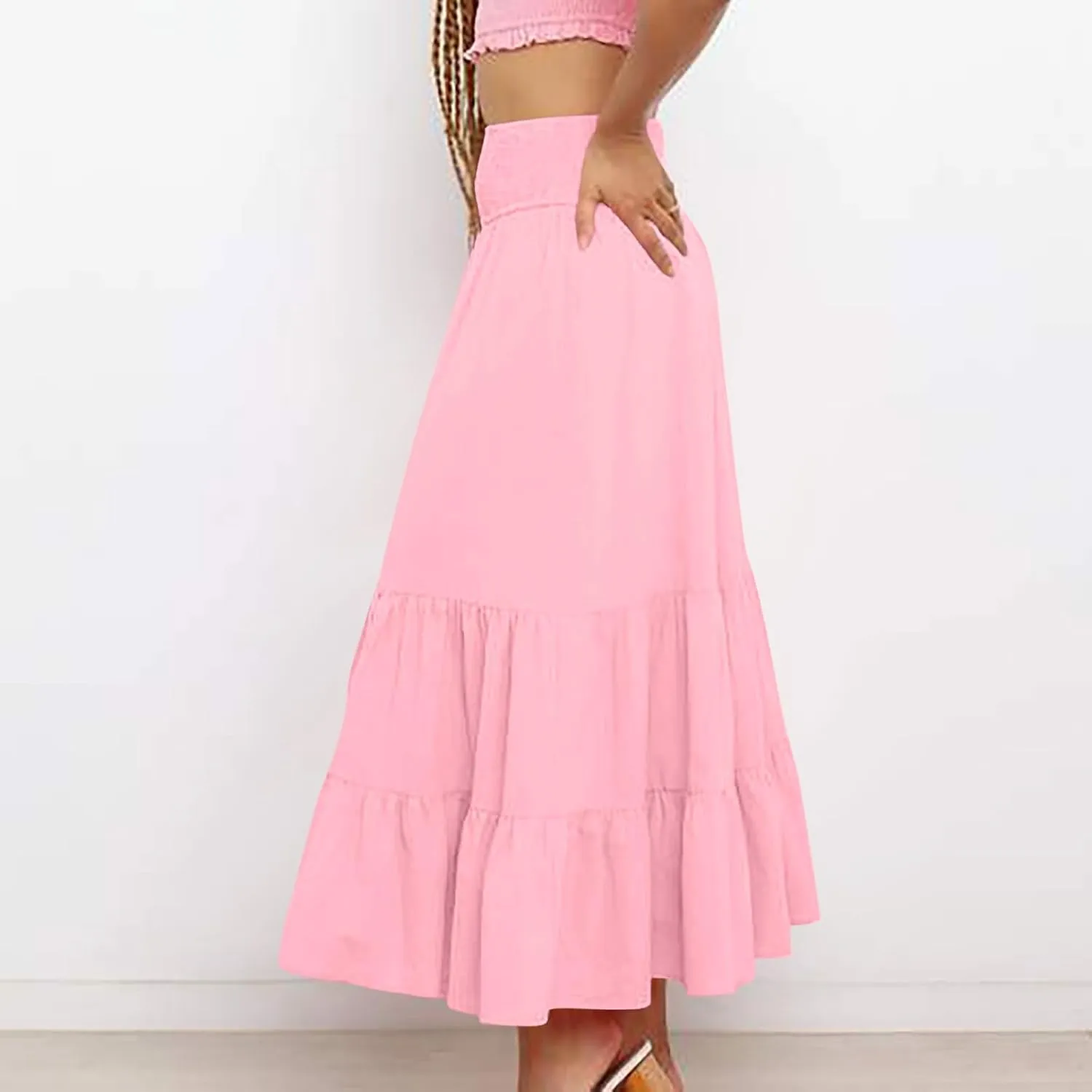 Women's Summer Comfy Tiered Skirts Elastic High Waisted A-Line Skirts Casual Beach Vacation Flowy Long Skirts