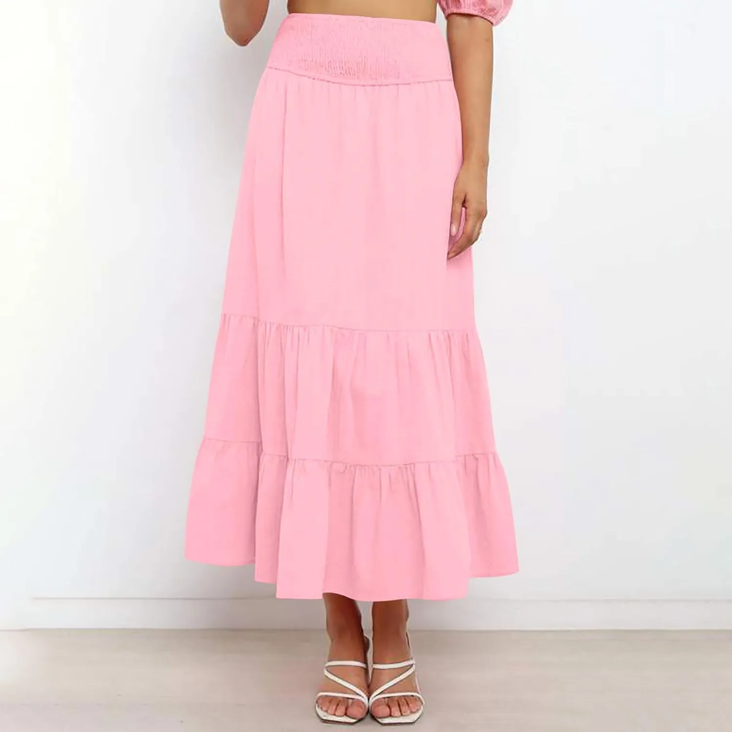 Women's Summer Comfy Tiered Skirts Elastic High Waisted A-Line Skirts Casual Beach Vacation Flowy Long Skirts