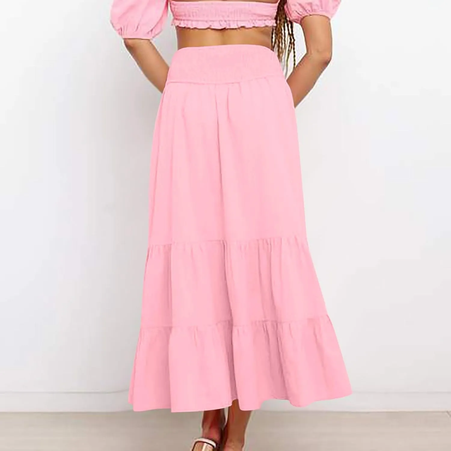 Women's Summer Comfy Tiered Skirts Elastic High Waisted A-Line Skirts Casual Beach Vacation Flowy Long Skirts