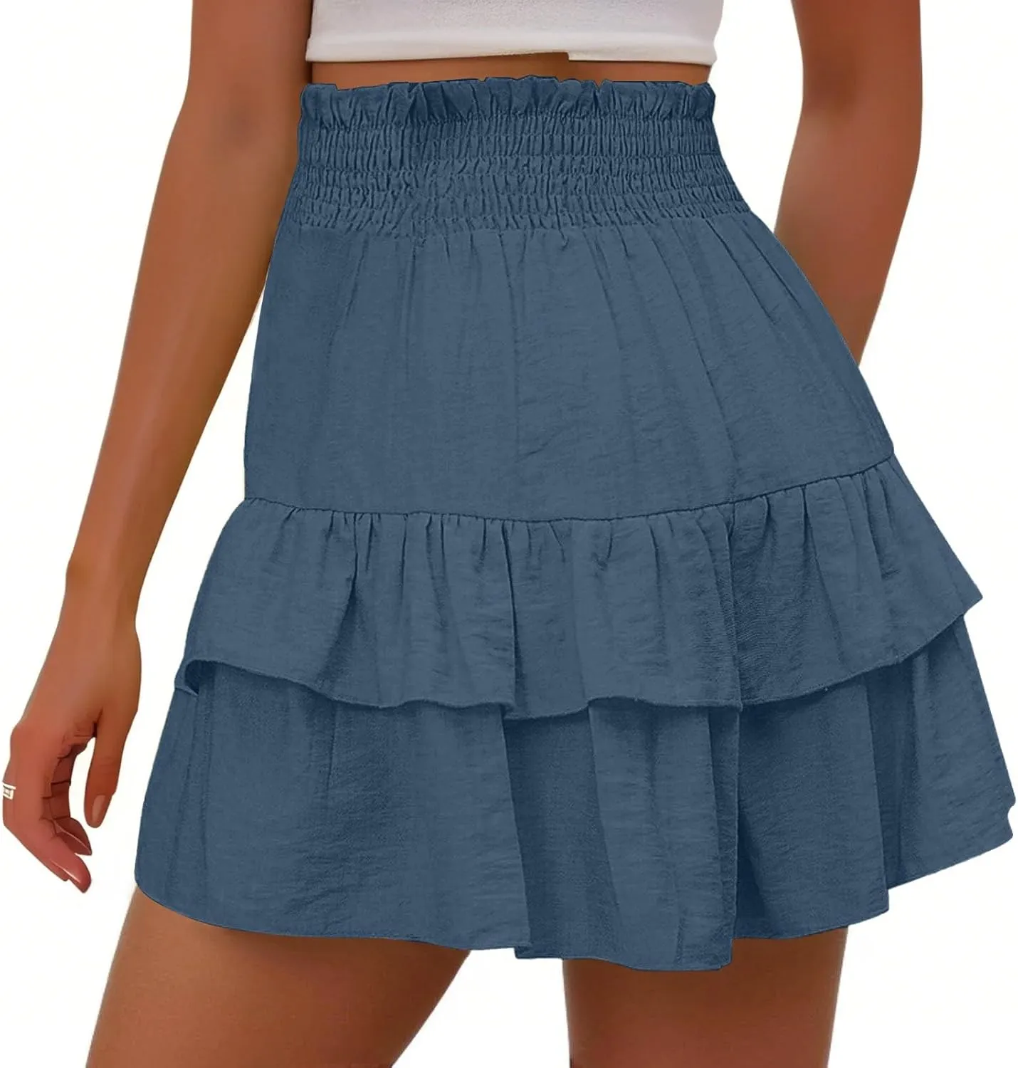 Women's Summer Cute Stretch Waist Solid Smocked Tiered Ruffle Swing Beach Mini Skirt 2025, S-2XL