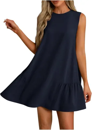 Womens Summer Dresses Casual Sleeveless Ruffle Hem Mini Dress Crewneck T Shirt Sundresses 2025 Loose Vacation Dress