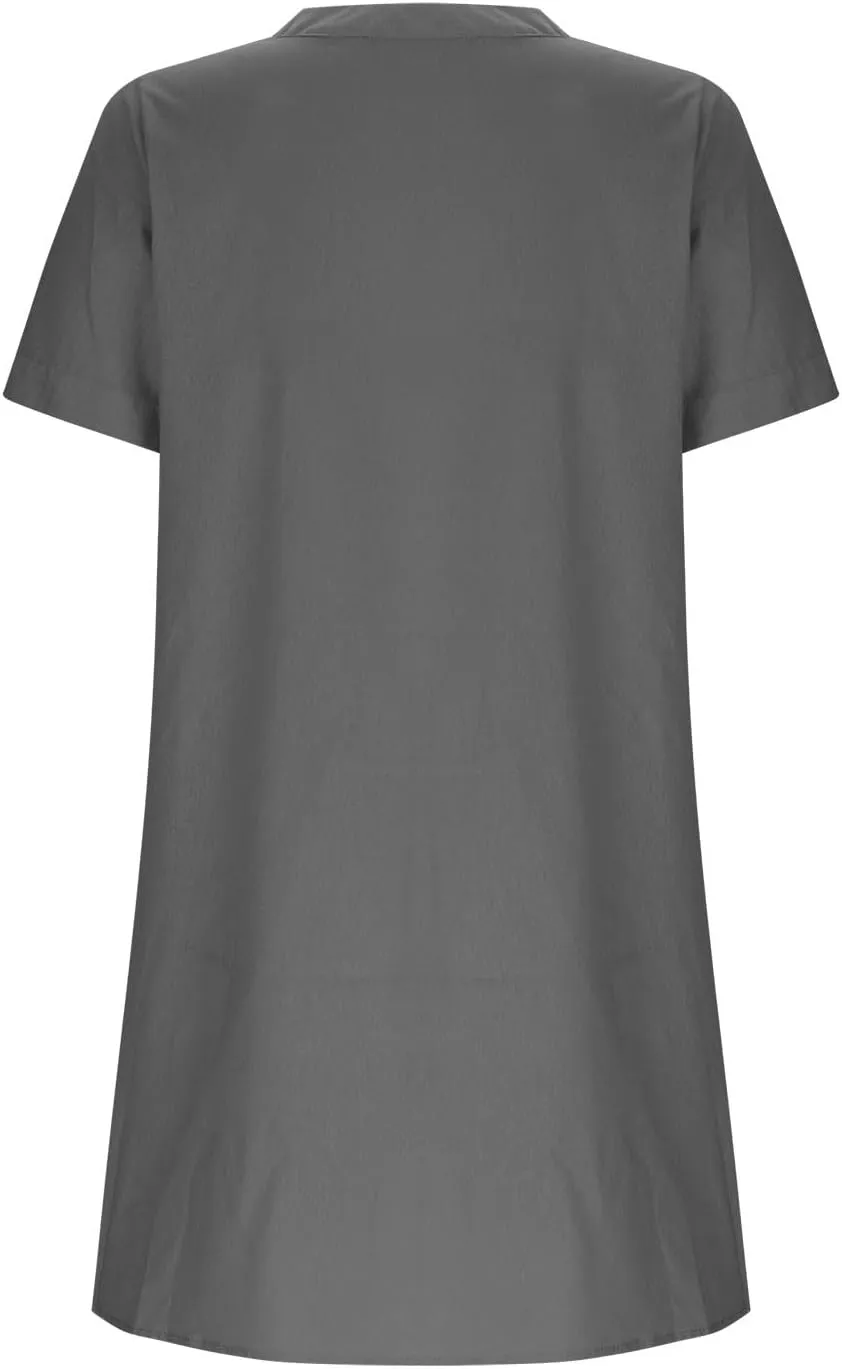 Womens Summer Dresses Loose Fit V Neck Short Sleeve T Shirt Dresses Casual Solid Color Button Down Mini Tunic Dress