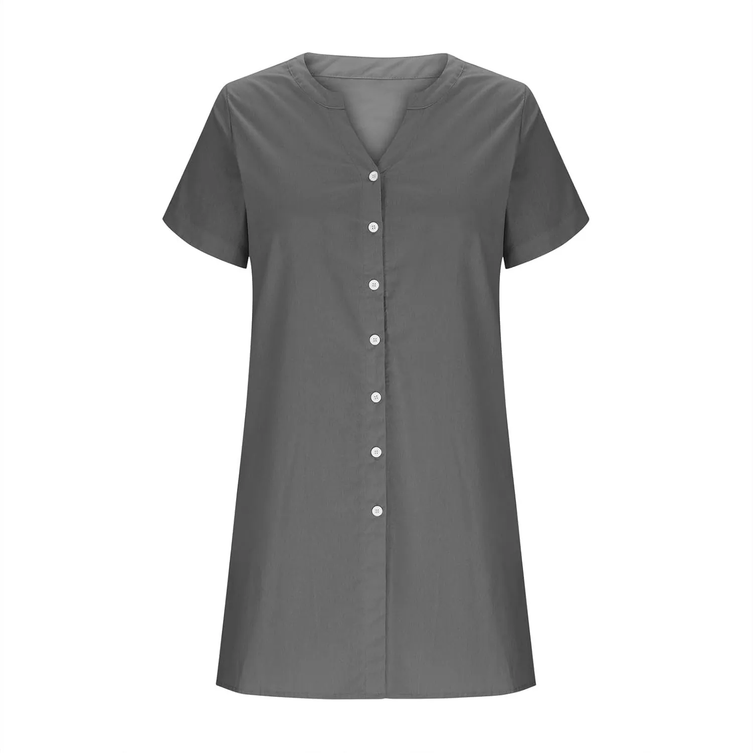 Womens Summer Dresses Loose Fit V Neck Short Sleeve T Shirt Dresses Casual Solid Color Button Down Mini Tunic Dress