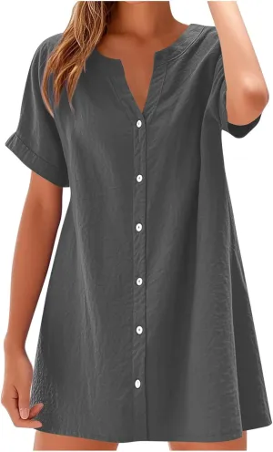Womens Summer Dresses Loose Fit V Neck Short Sleeve T Shirt Dresses Casual Solid Color Button Down Mini Tunic Dress