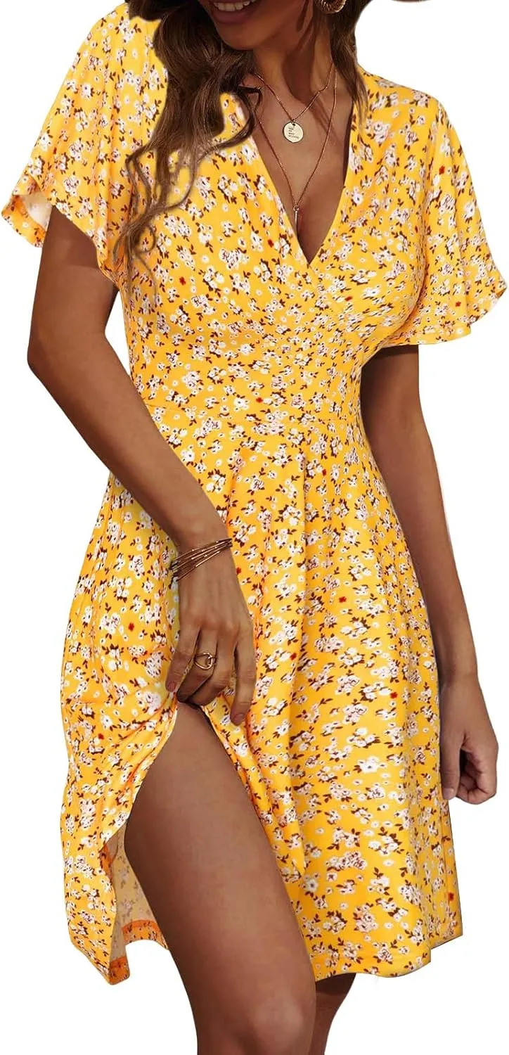 Womens Sundress Floral Smocked V Neck Dresses A-Line Short Sleeve Wrap Midi Dress Casual Flowy Dress Boho Beach Dresses
