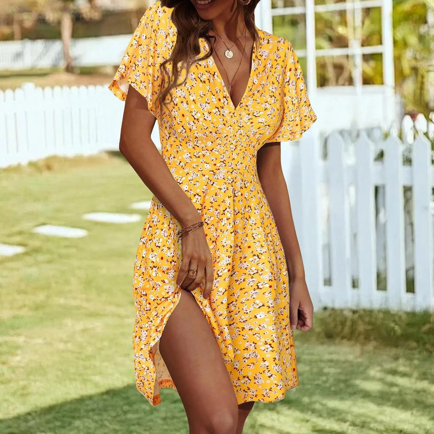 Womens Sundress Floral Smocked V Neck Dresses A-Line Short Sleeve Wrap Midi Dress Casual Flowy Dress Boho Beach Dresses