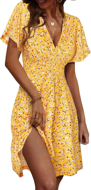 Womens Sundress Floral Smocked V Neck Dresses A-Line Short Sleeve Wrap Midi Dress Casual Flowy Dress Boho Beach Dresses