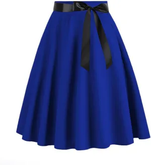 Women's Vintage Pleated High Waist Skirt Front Tie Cocktail Party Flare A-Line Solid Color Hepburn Swing Midi Skirts