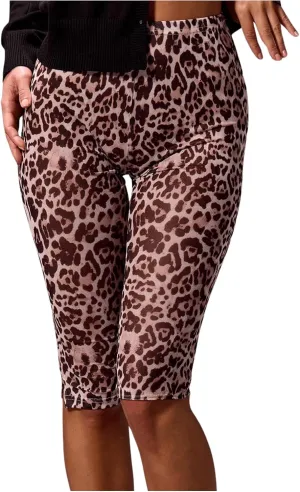 Women's Y2K Leopard Print Leggings Mesh Sheer Sexy Leggings Cheetah Capri Pants Side Slit High Waisted Yoga Pants