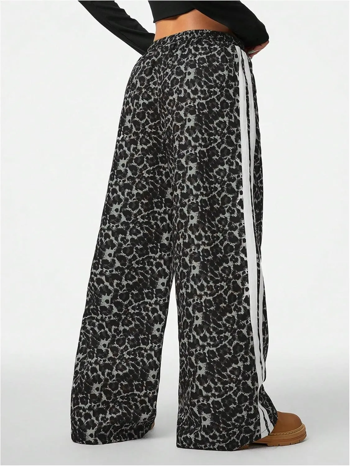 Women's Y2K Leopard Print Pants Side Striped Baggy Pant Cheetah Drawstring Wide Leg Loose Trousers with Pockets