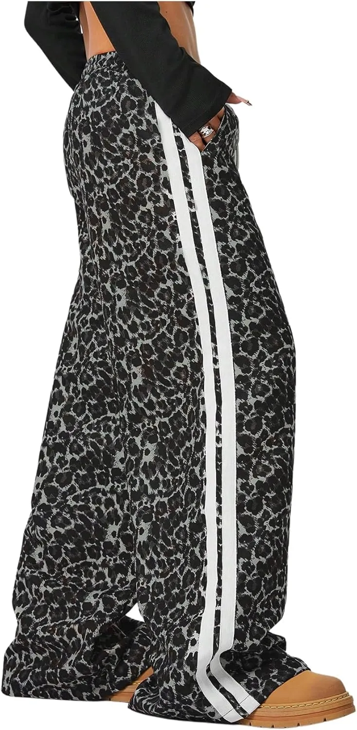 Women's Y2K Leopard Print Pants Side Striped Baggy Pant Cheetah Drawstring Wide Leg Loose Trousers with Pockets