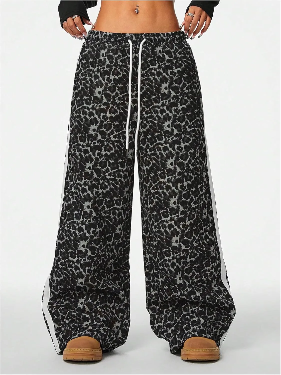 Women's Y2K Leopard Print Pants Side Striped Baggy Pant Cheetah Drawstring Wide Leg Loose Trousers with Pockets