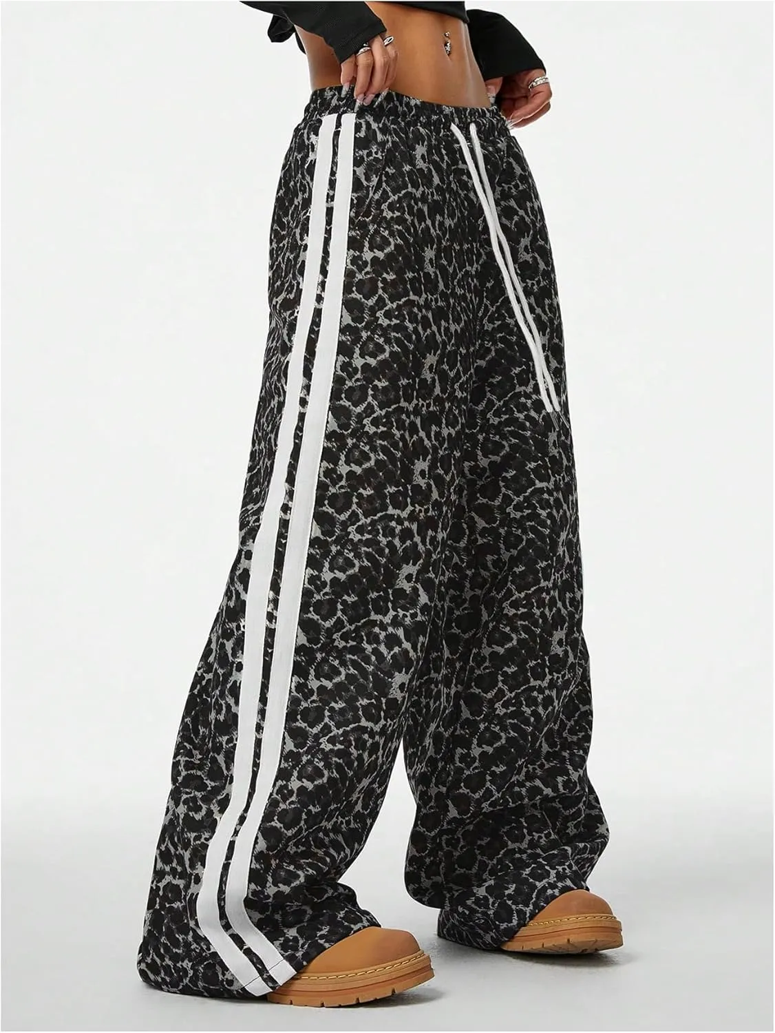 Women's Y2K Leopard Print Pants Side Striped Baggy Pant Cheetah Drawstring Wide Leg Loose Trousers with Pockets