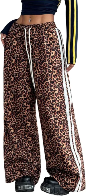 Women's Y2K Leopard Print Pants Side Striped Baggy Pant Cheetah Drawstring Wide Leg Loose Trousers with Pockets