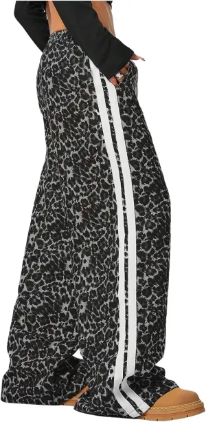 Women's Y2K Leopard Print Pants Side Striped Baggy Pant Cheetah Drawstring Wide Leg Loose Trousers with Pockets