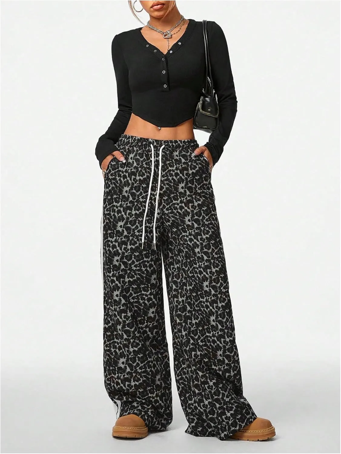 Women's Y2K Leopard Print Pants Side Striped Baggy Pant Cheetah Drawstring Wide Leg Loose Trousers with Pockets