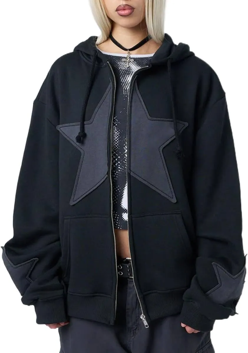 Women's Y2k Star Hoodies Zip Up Oversized Graphic Sweatshirt Aesthetic Vintage Harajuku Grunge Teen Girls Jacket Black