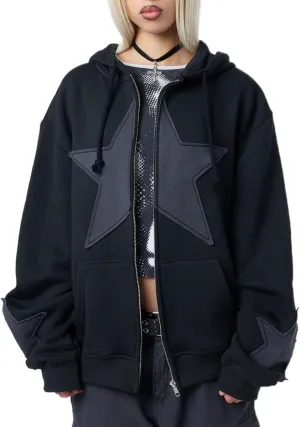 Women's Y2k Star Hoodies Zip Up Oversized Graphic Sweatshirt Aesthetic Vintage Harajuku Grunge Teen Girls Jacket Black