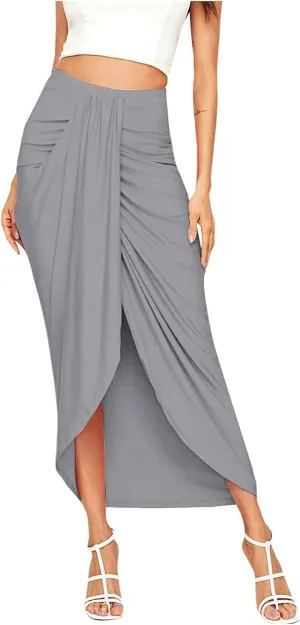 Wrap Women's Draped Skirt High Waist Slit Maxi Solid Elastic Asymmetrical Casual Skirt Maxi Skirt